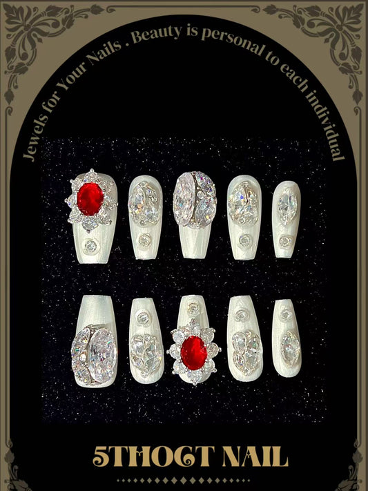 Press on nails , Premium Zircon ,  Coffin shape, handmade, white colour,